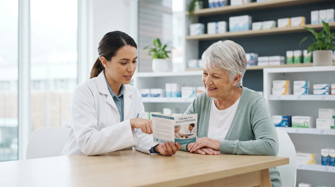Pharmacist explaining a prescription assistance program to a senior woman in a modern pharmacy.