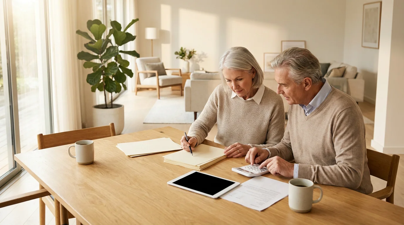 Retired couple calmly calculating their retirement income at a dining table in their home.