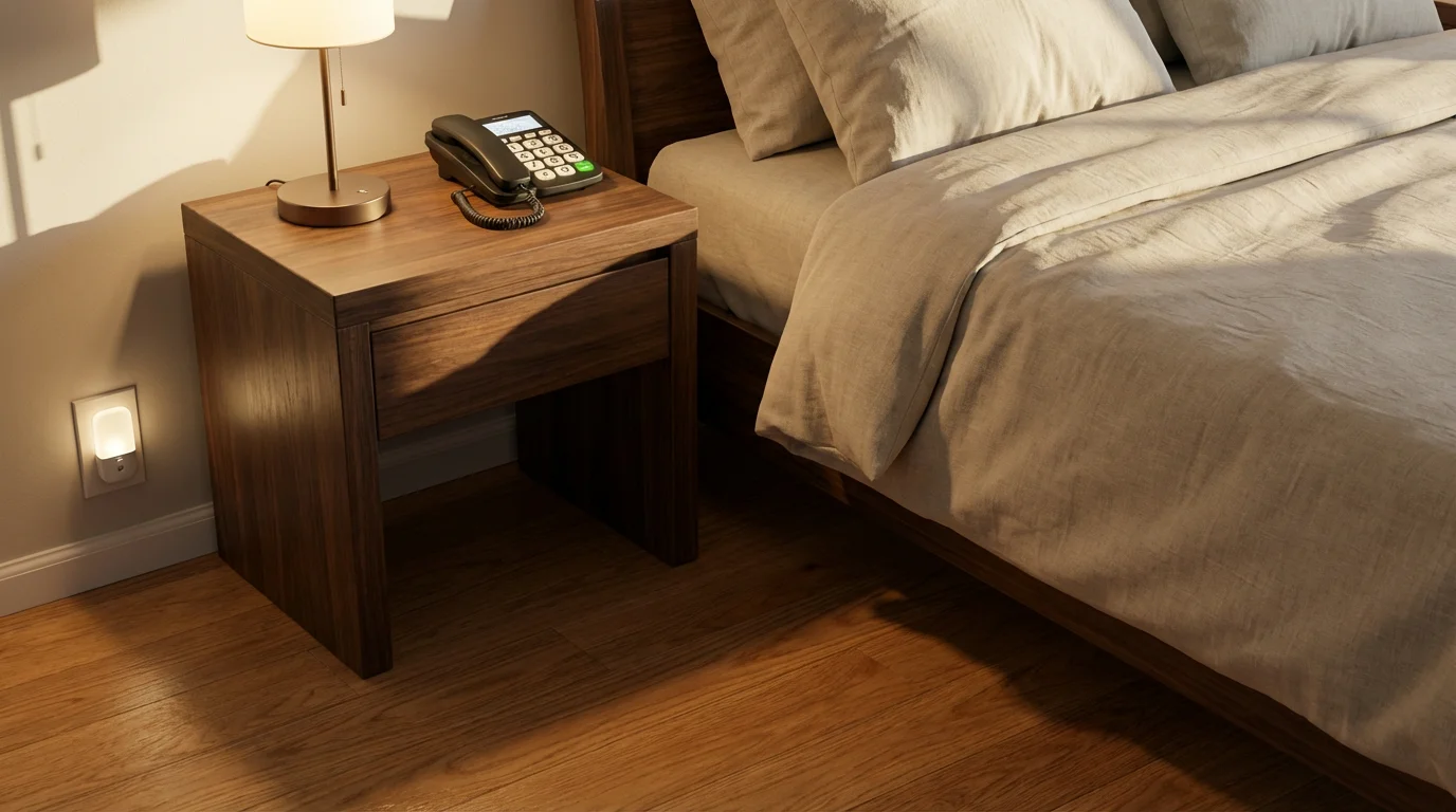 Safe modern bedroom with a nightstand, lamp, phone, and clear floor path.
