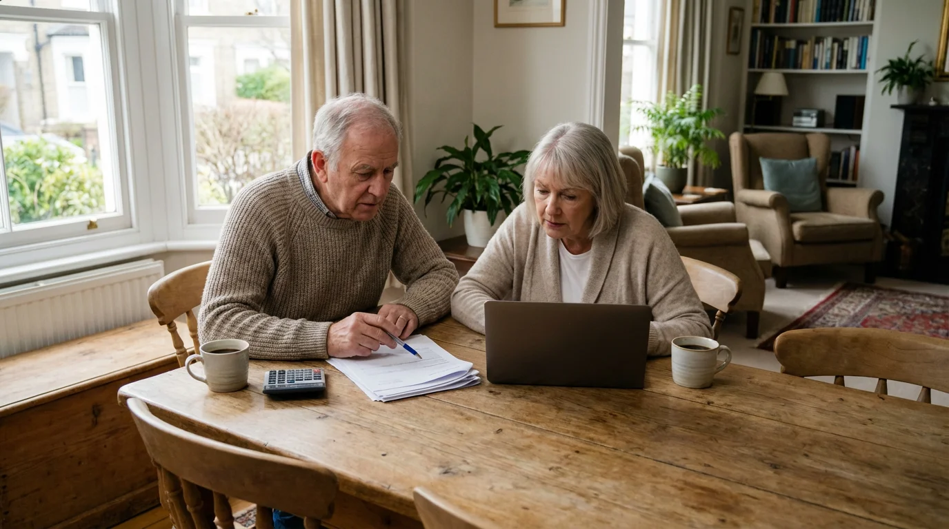Senior couple at a dining table with a laptop and papers, planning retirement finances.