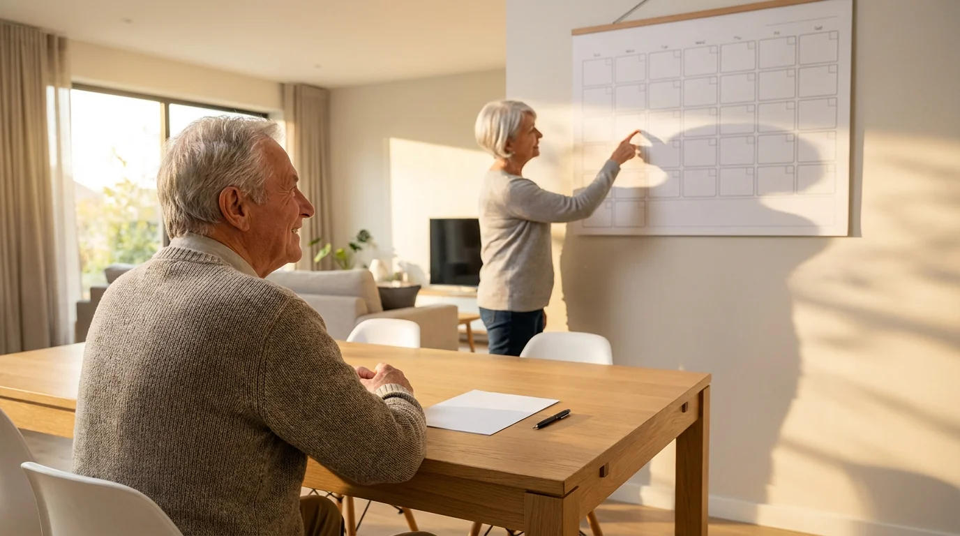Senior couple at a table planning enrollment dates on a large wall calendar.
