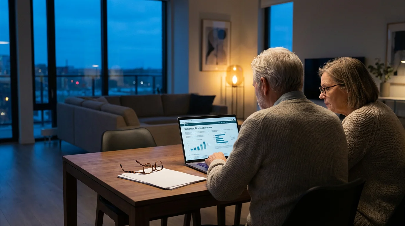 Senior couple at dusk, researching Medicare vision care options together on a laptop at home.