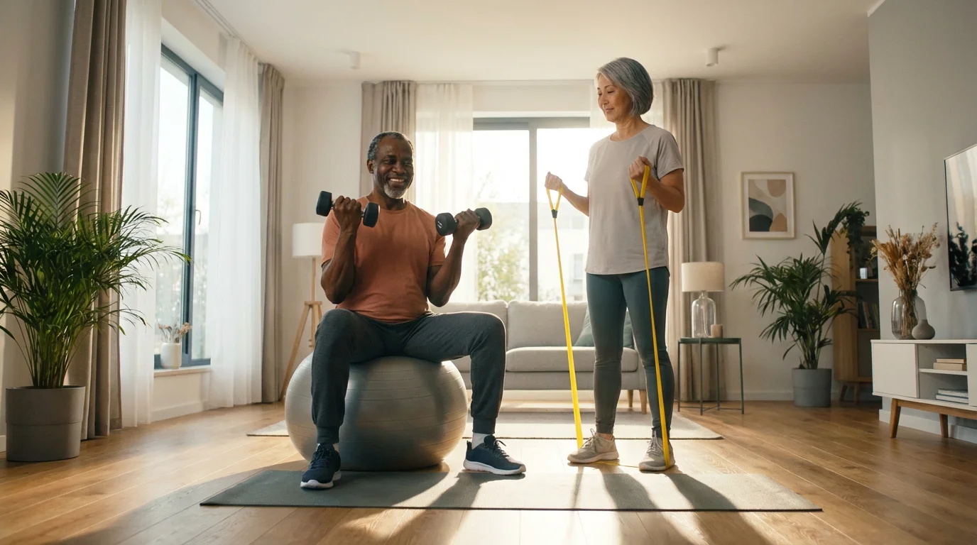 Senior couple doing a low-impact strength training workout with dumbbells and resistance bands at home.