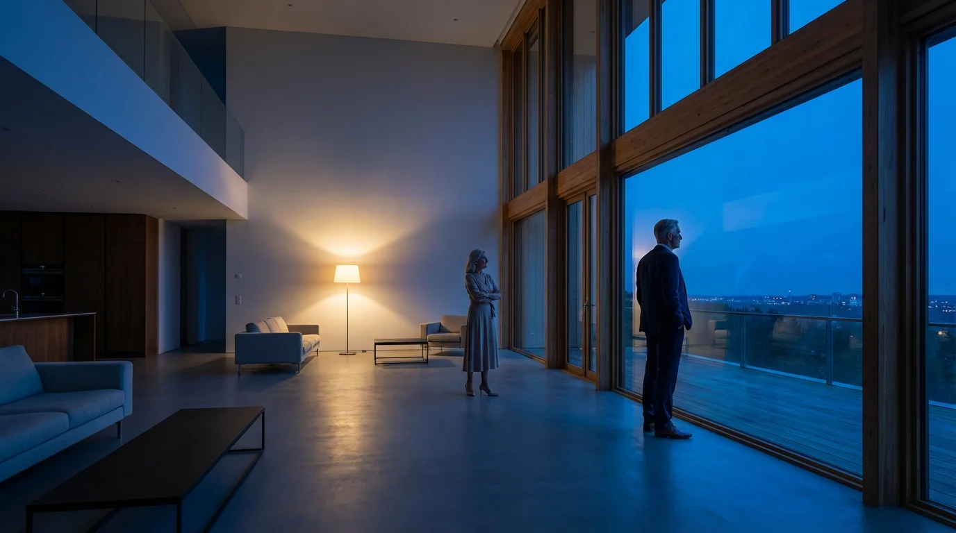 Senior couple in a large, empty living room at dusk, considering downsizing their home.