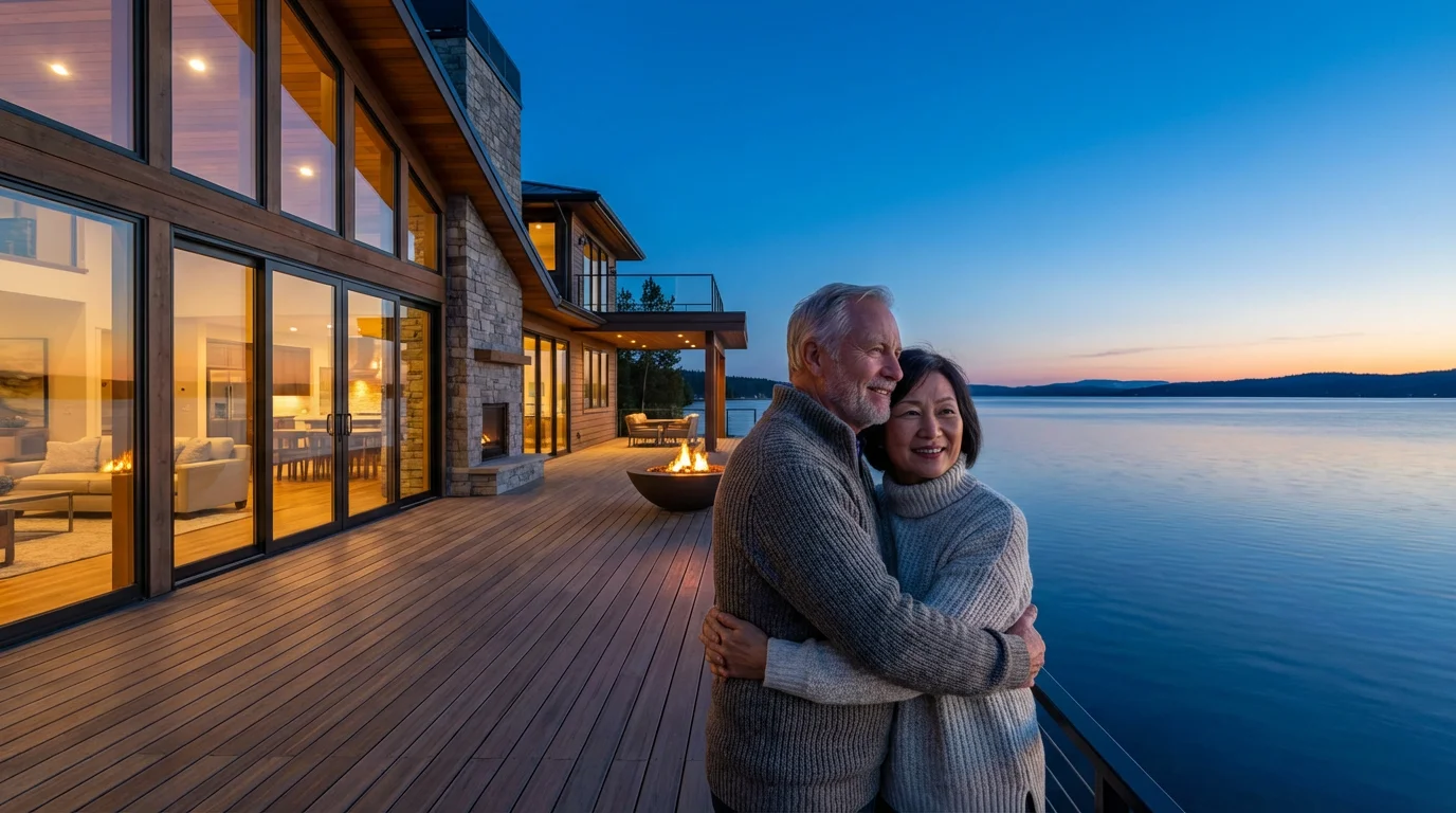 Senior couple on their modern home's deck at twilight, overlooking a calm lake.