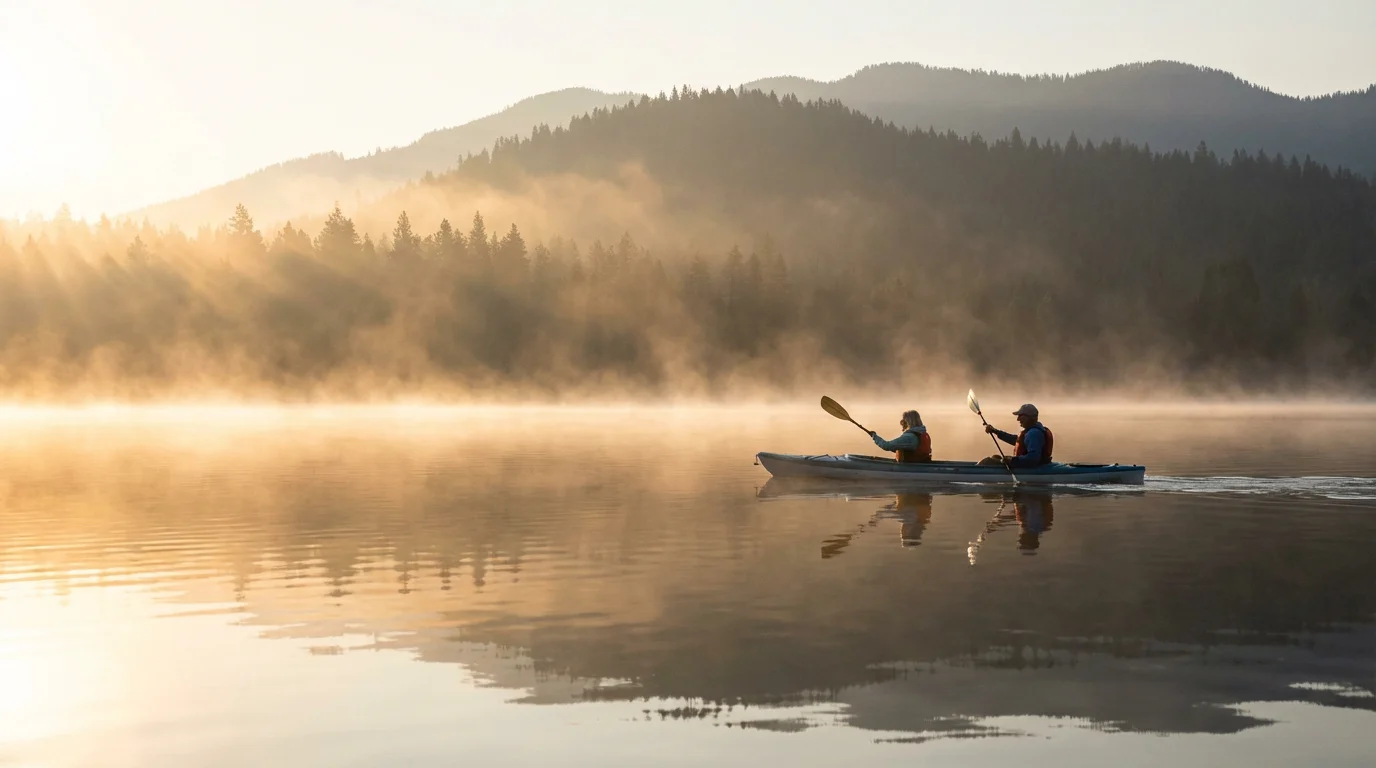 Senior couple paddling a tandem kayak on a calm lake during a misty sunrise.