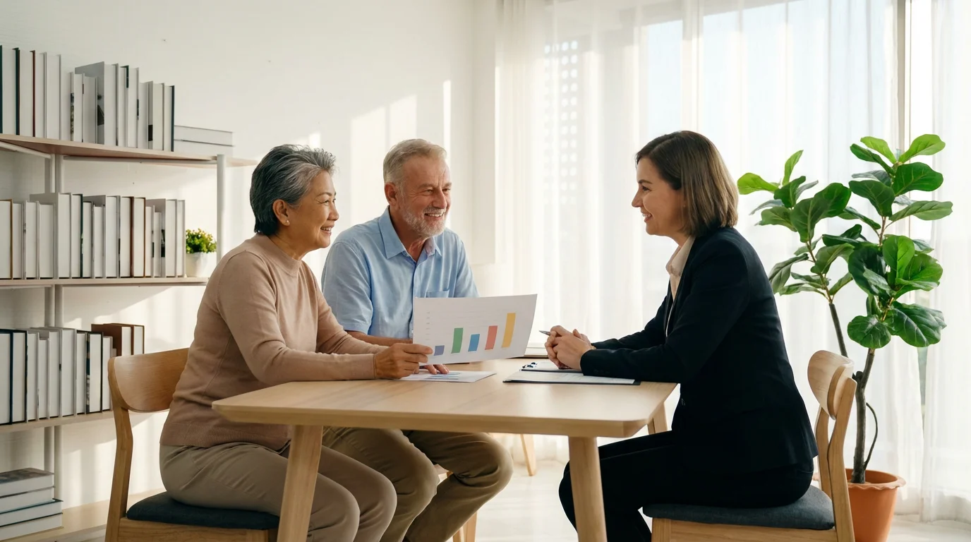 Senior couple planning retirement healthcare costs with a professional advisor in a bright office.