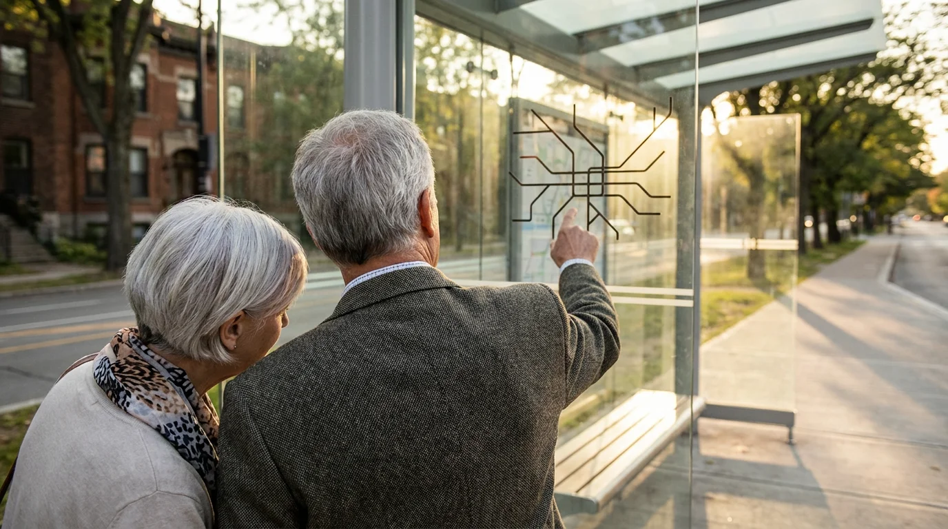 Senior couple seen from over the shoulder, examining a bus route map at sunset.