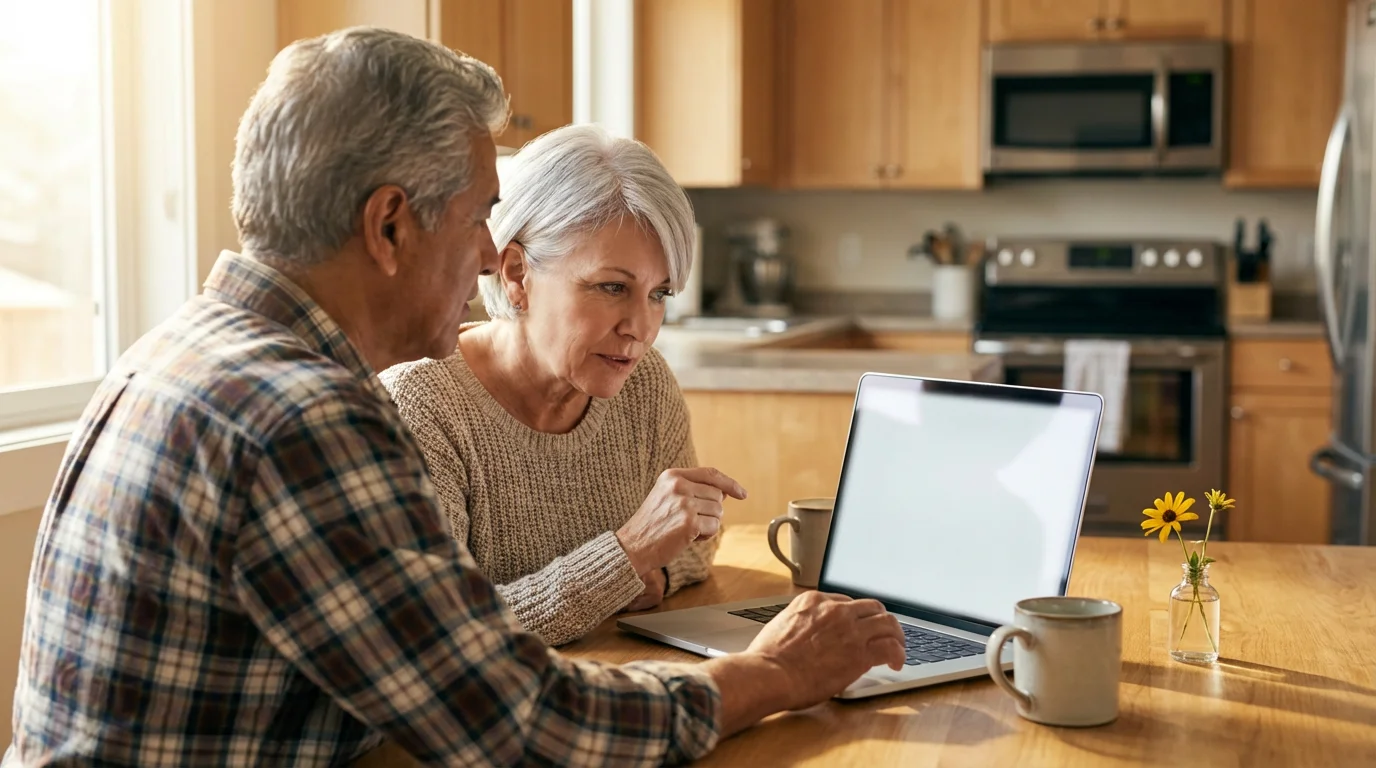 Senior couple sitting at a kitchen table researching healthcare options on a laptop.