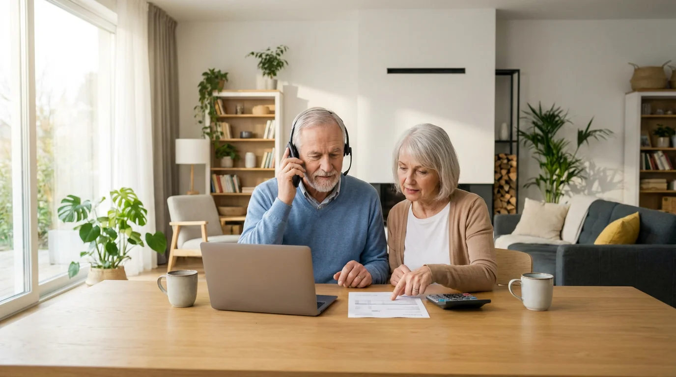 Senior couple sitting at a table reviewing bills and making a phone call.