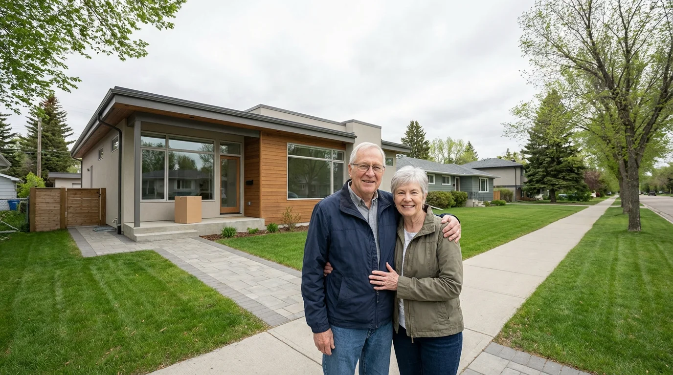 Senior couple smiles in front of their new, smaller home, representing retirement downsizing.