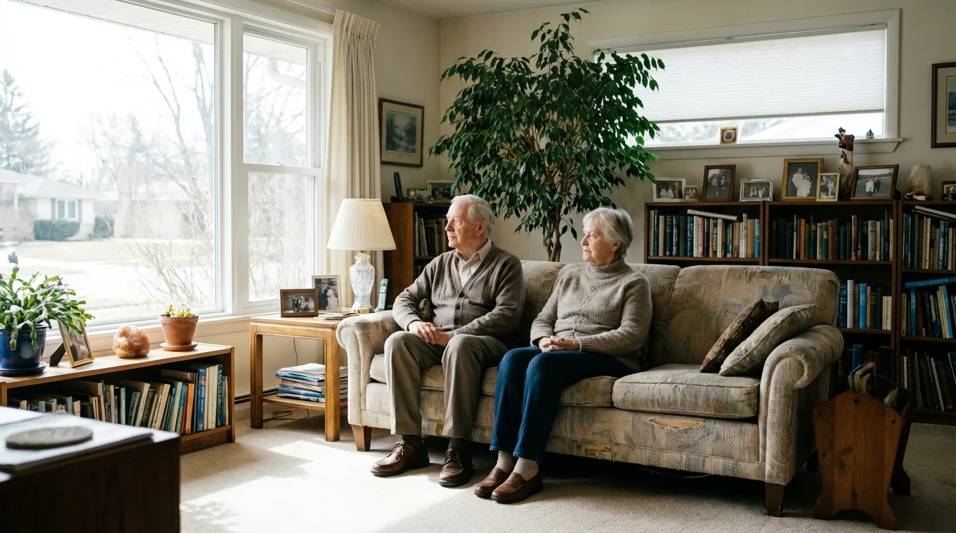 Senior couple thoughtfully contemplating their future in a sunlit living room at home.