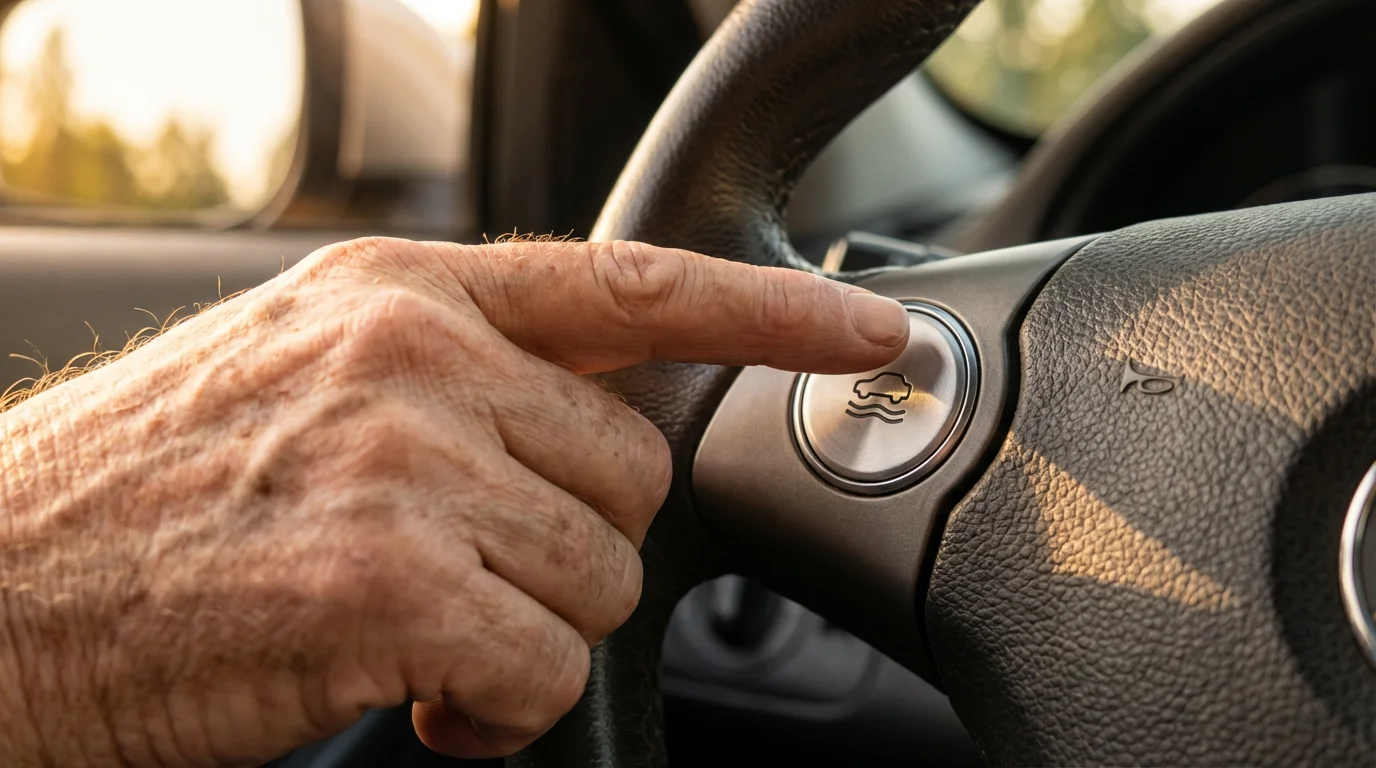Senior driver's hand using adaptive cruise control button on a modern car steering wheel.