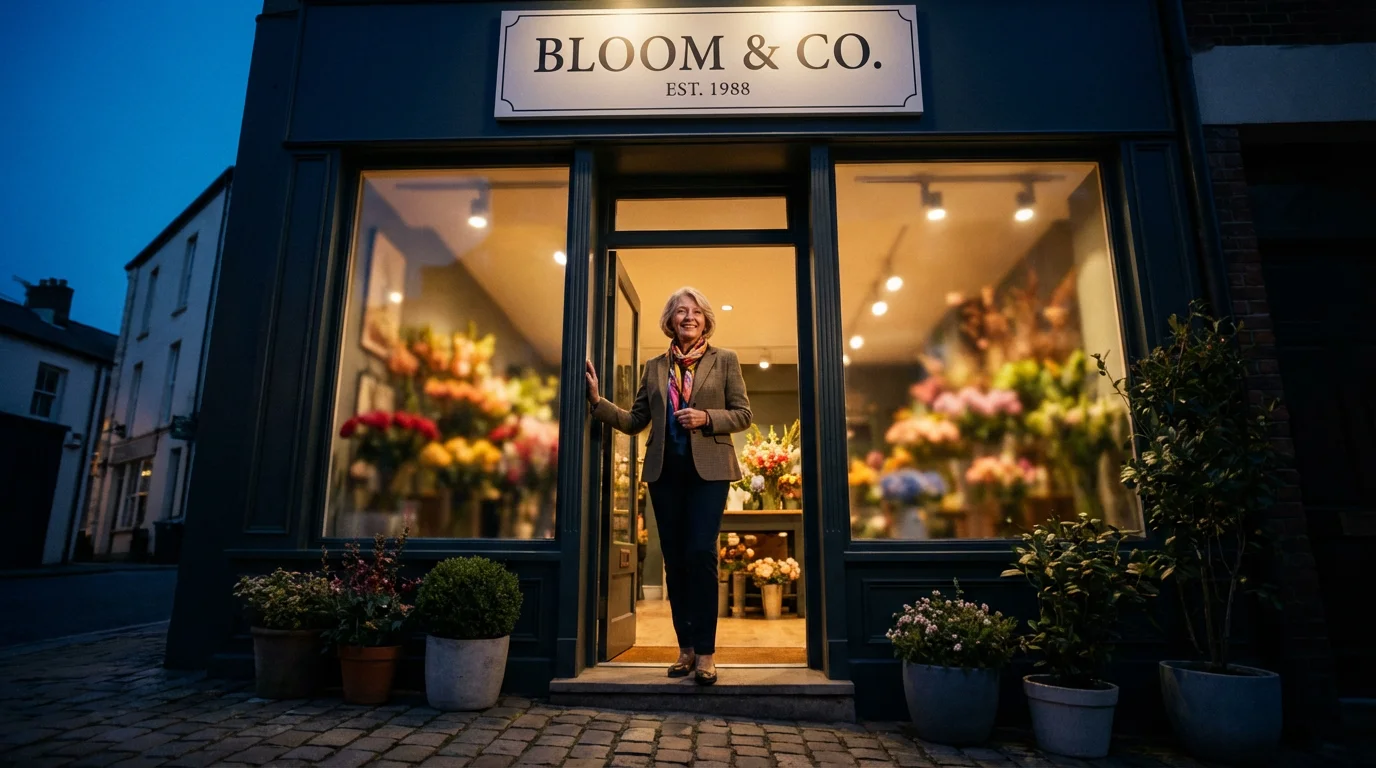 Senior female business owner proudly standing in the doorway of her flower shop at dusk.