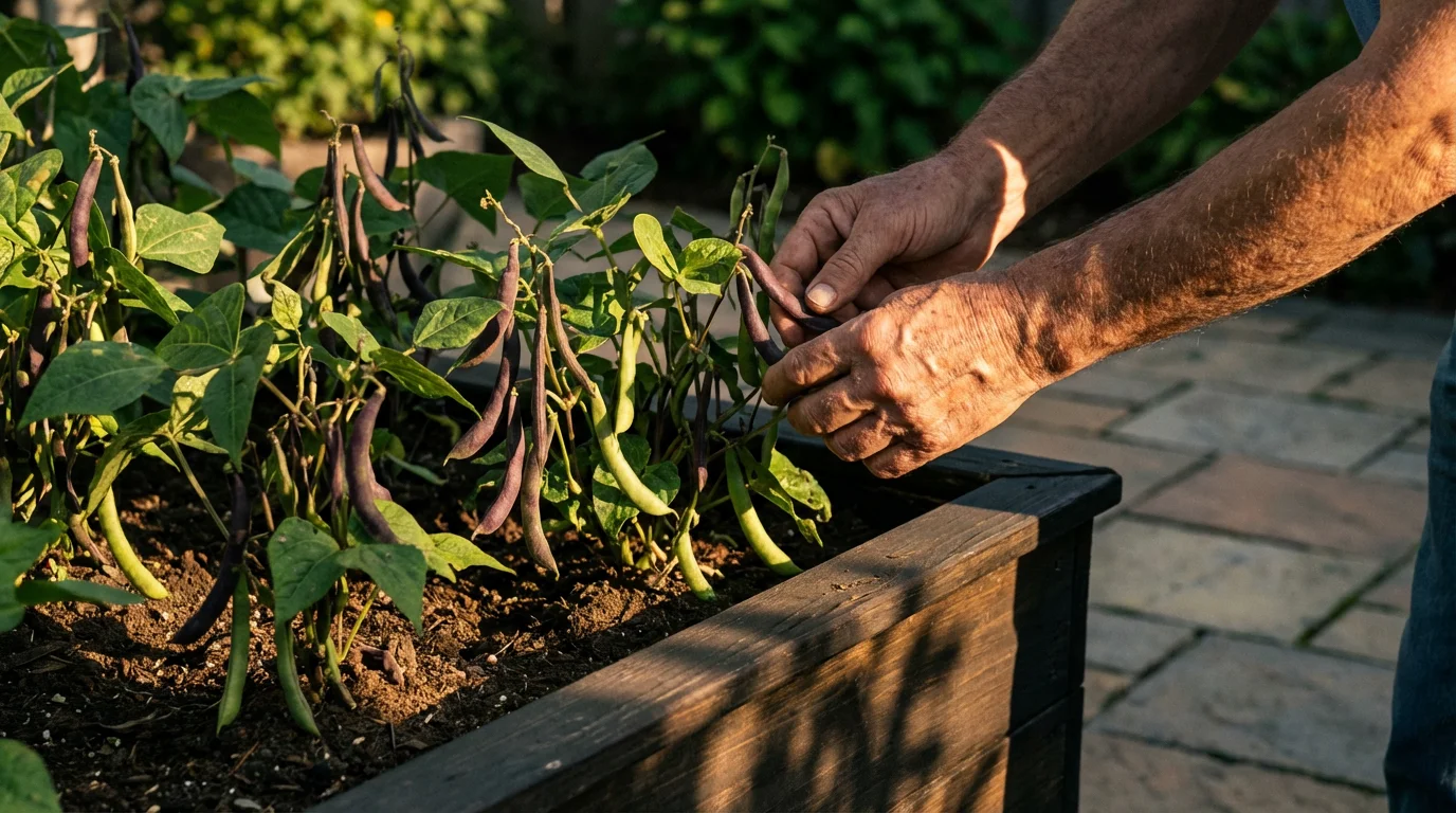 Senior gardener's hands inspecting lush, low-maintenance bush bean plants in a raised bed.