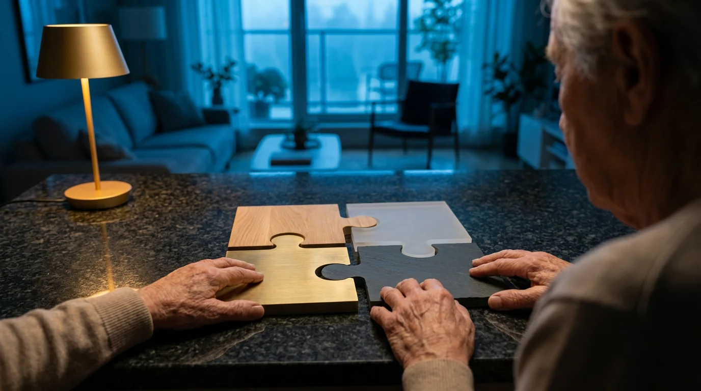Senior hands fitting together four distinct puzzle pieces made of different materials on a table.