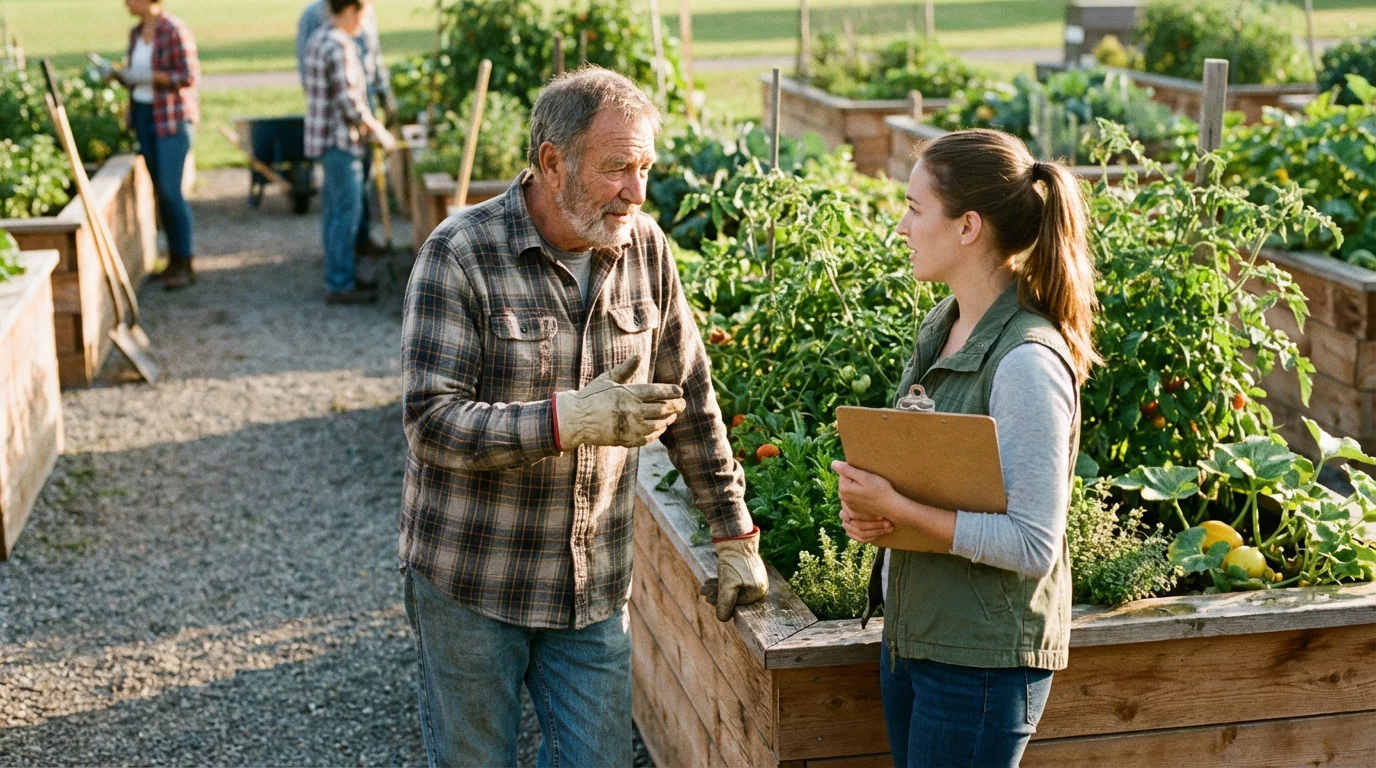 Senior male volunteer talking with a coordinator in a community garden at sunset.