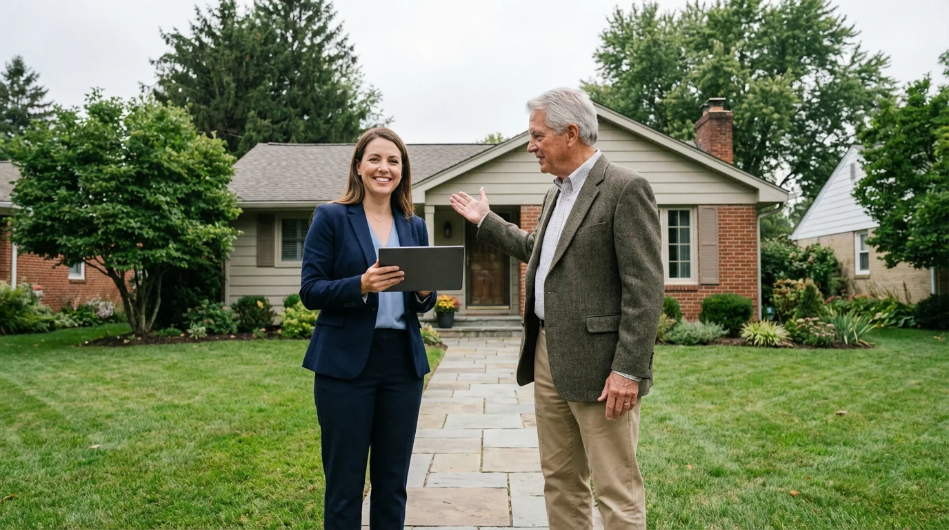 Senior man and a female professional discuss homeowner assistance options outside of a home.