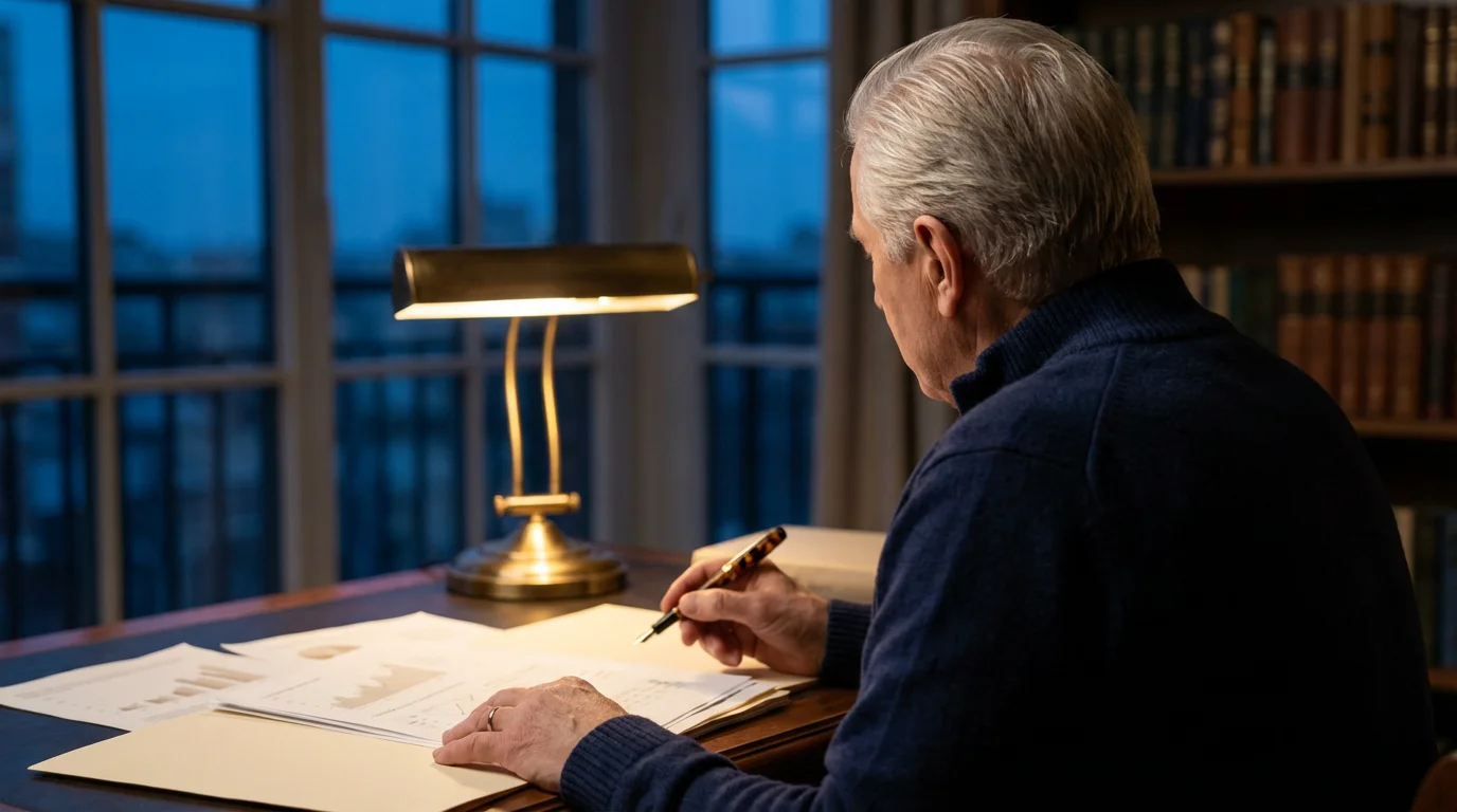 Senior man at a desk reviewing important legal documents during the evening blue hour.