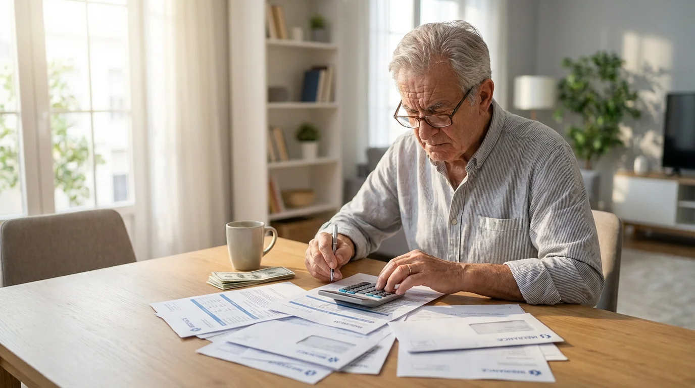 Senior man at a table reviewing confusing medical bills and insurance paperwork at home.
