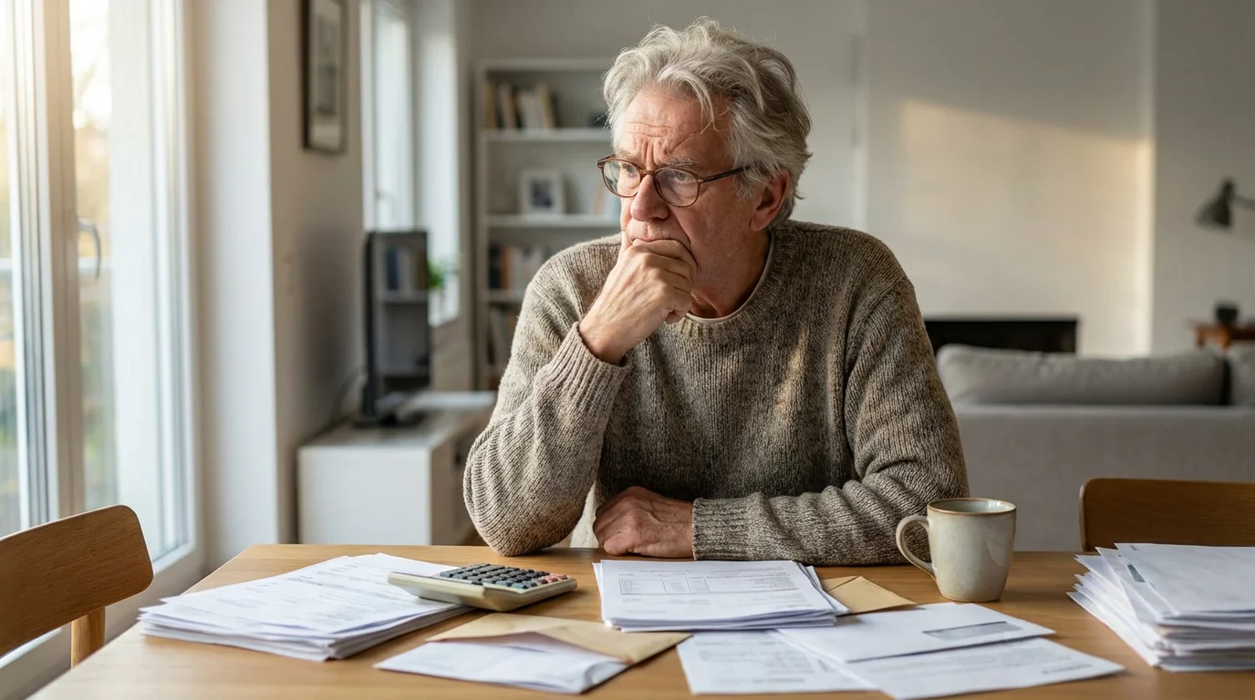 Senior man at a table with a calculator and papers, looking concerned about finances.