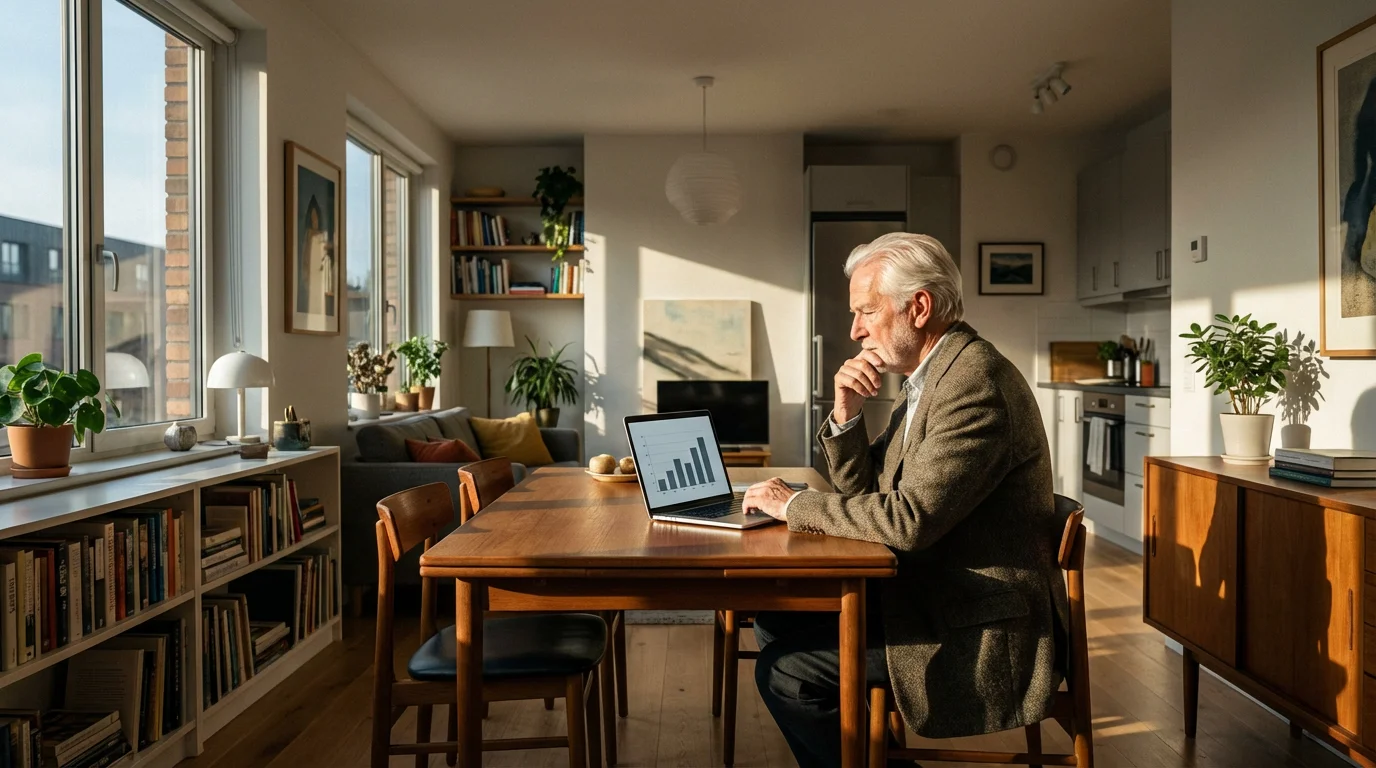 Senior man in a cozy, sunlit apartment reviewing finances on a laptop.