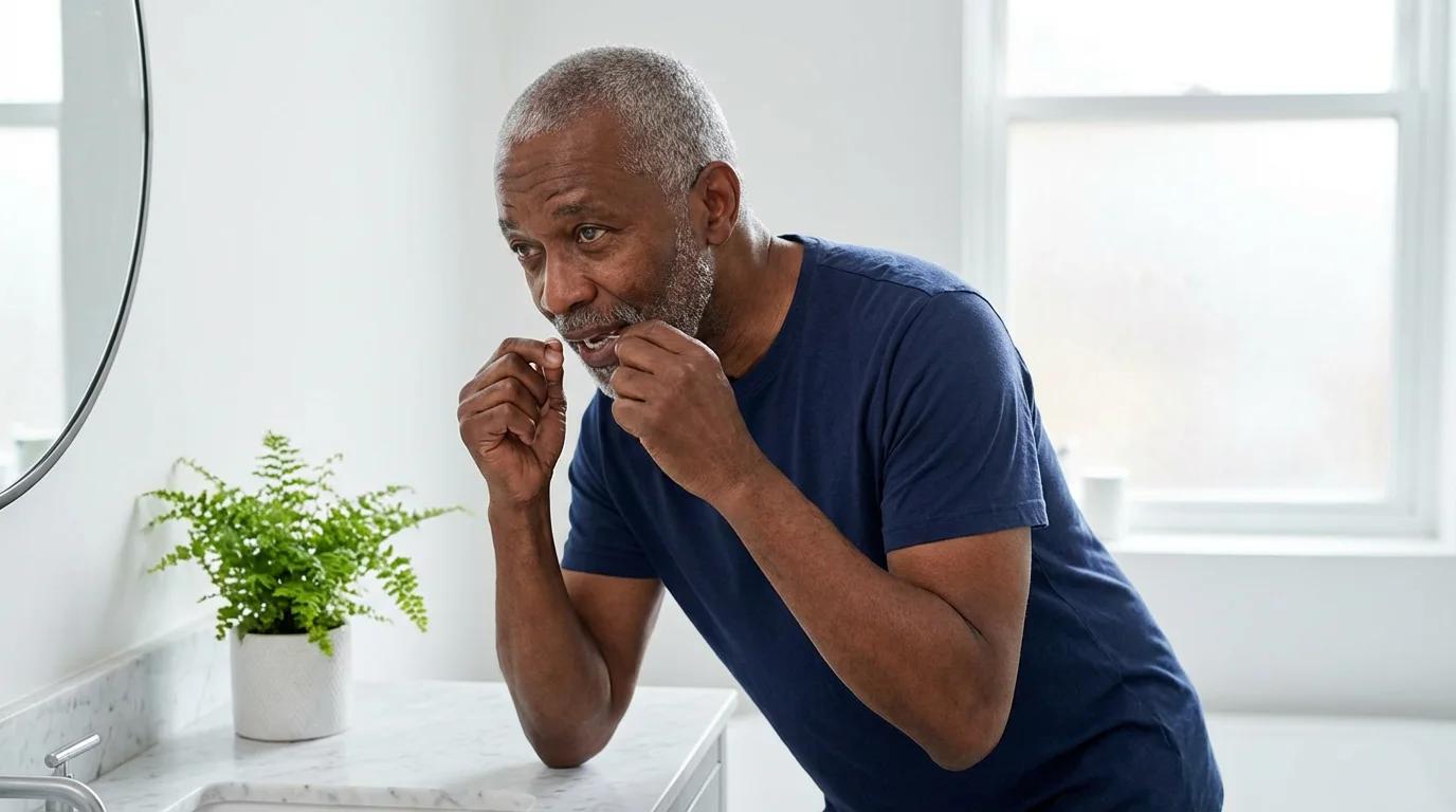 Senior man in a modern bathroom proactively flossing his teeth for preventive dental care.