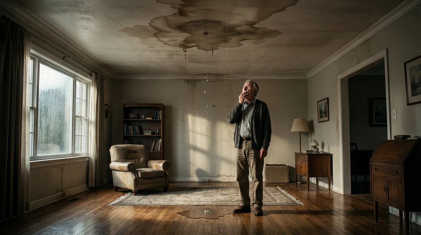 Senior man looks worriedly at a water-damaged ceiling in his living room.