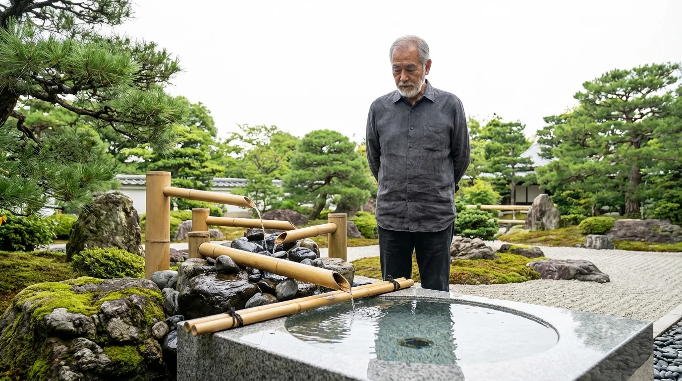 Senior man observes multiple water streams converging in a tranquil Japanese garden.