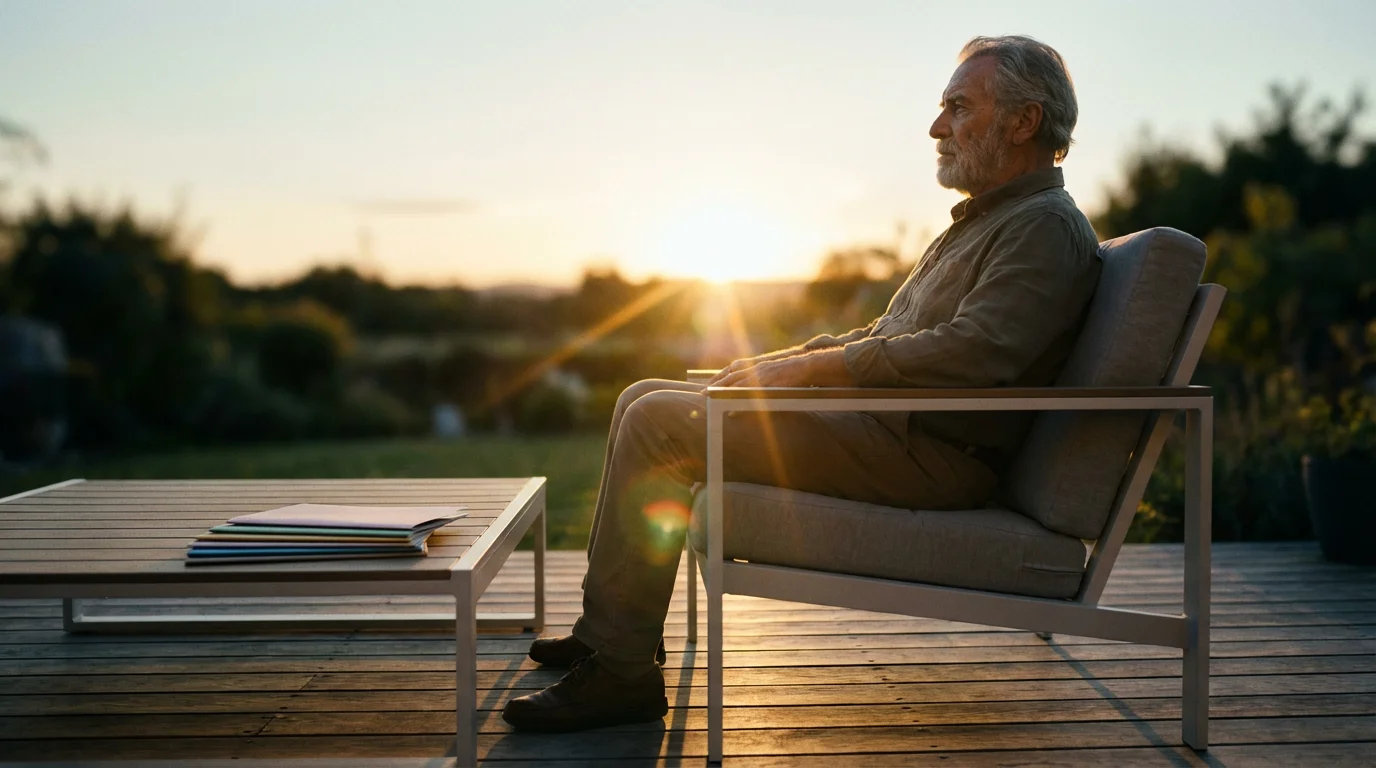 Senior man on a patio at sunset, thinking, with a stack of blank brochures nearby.