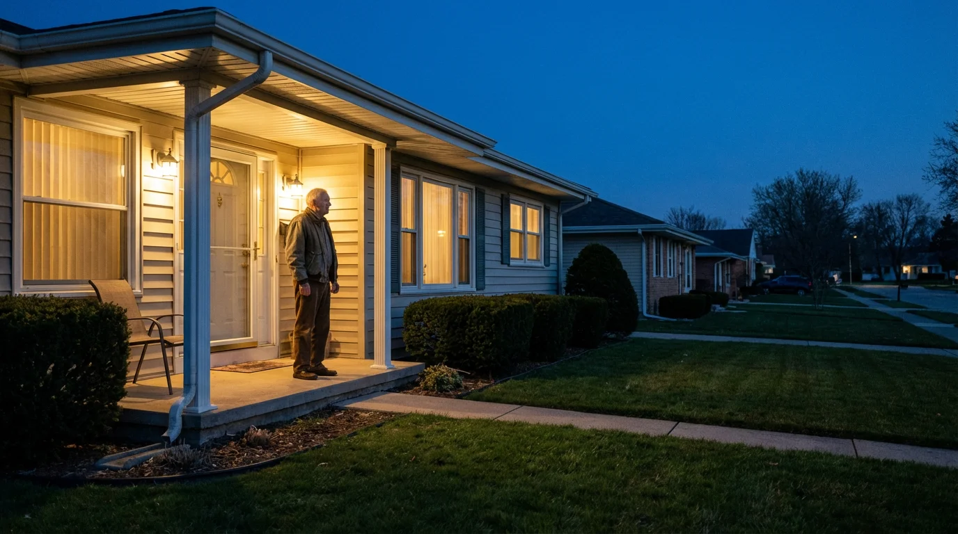Senior man standing thoughtfully on the front porch of his home during a quiet evening.