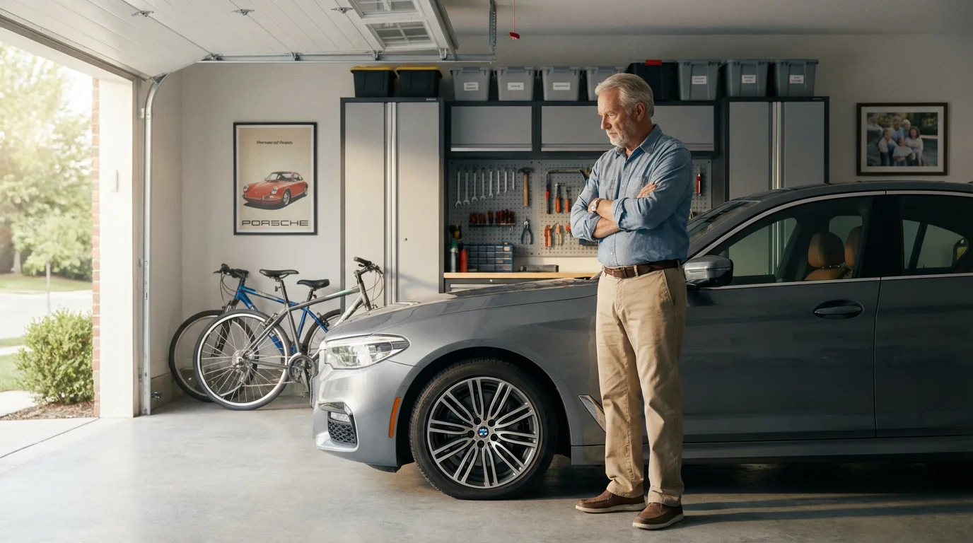 Senior man thoughtfully looking at a flat tire on his car in a clean garage.