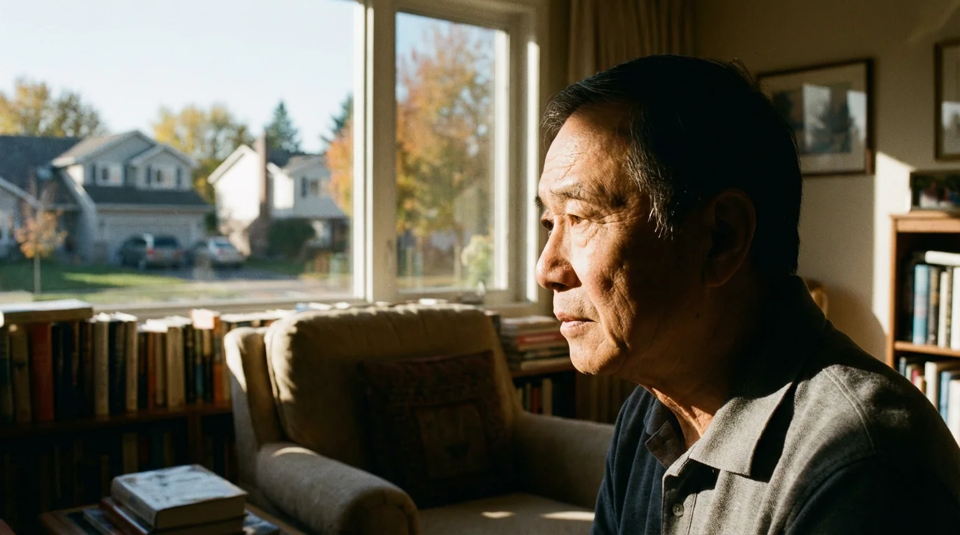 Senior man thoughtfully looking out a window at a suburban neighborhood in the afternoon.