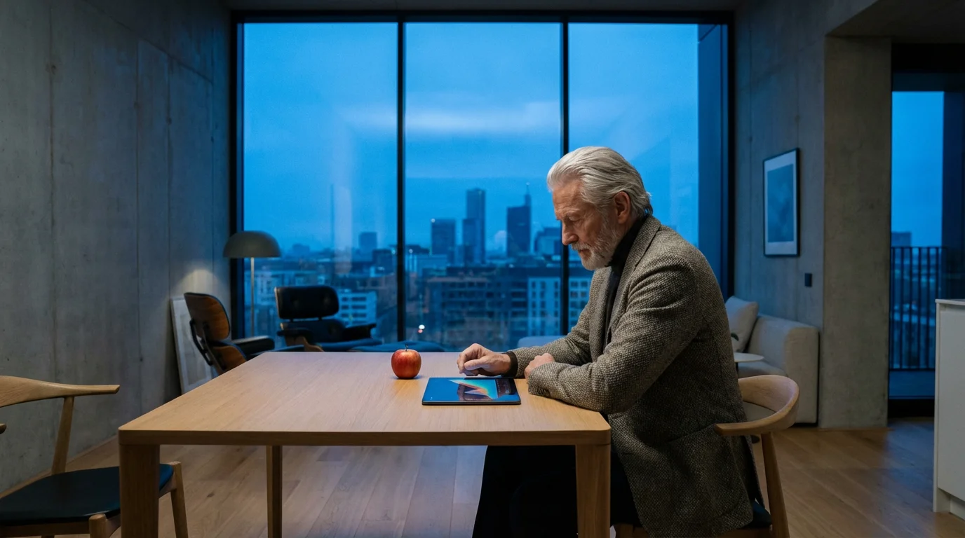 Senior man using a tablet to review budgets in a modern apartment at dusk.