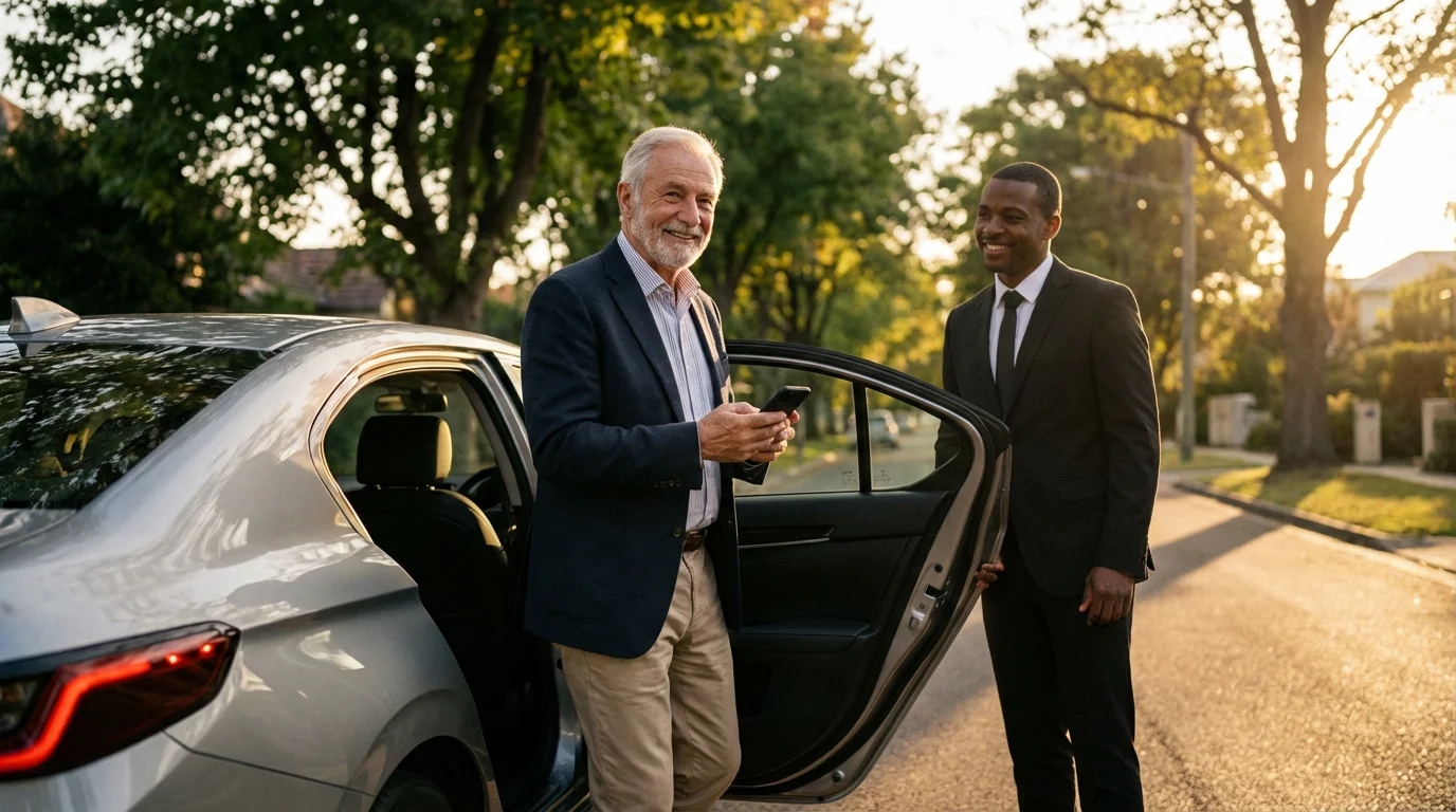 Senior man with a smartphone getting into a ride-share vehicle during a golden hour sunset.