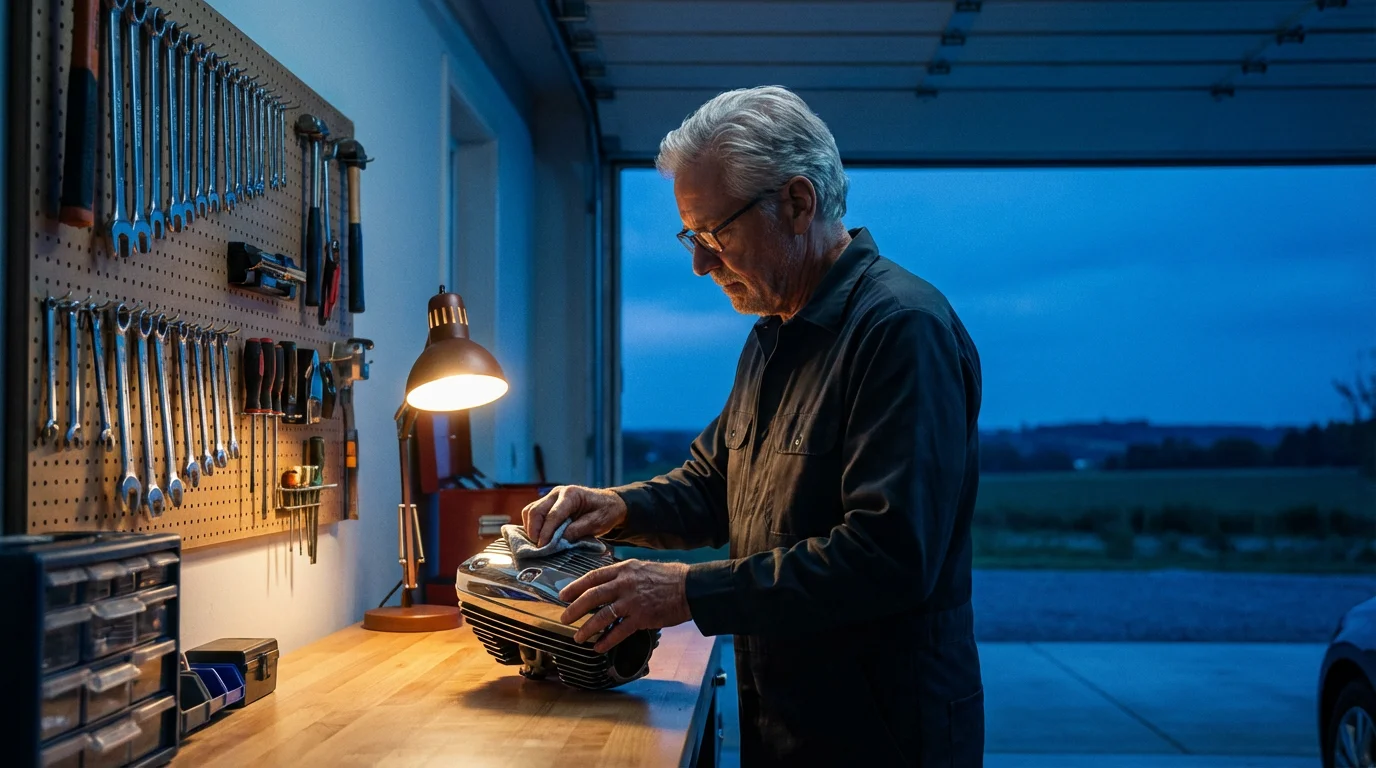 Senior man working on an auto part in his well-organized garage at dusk.