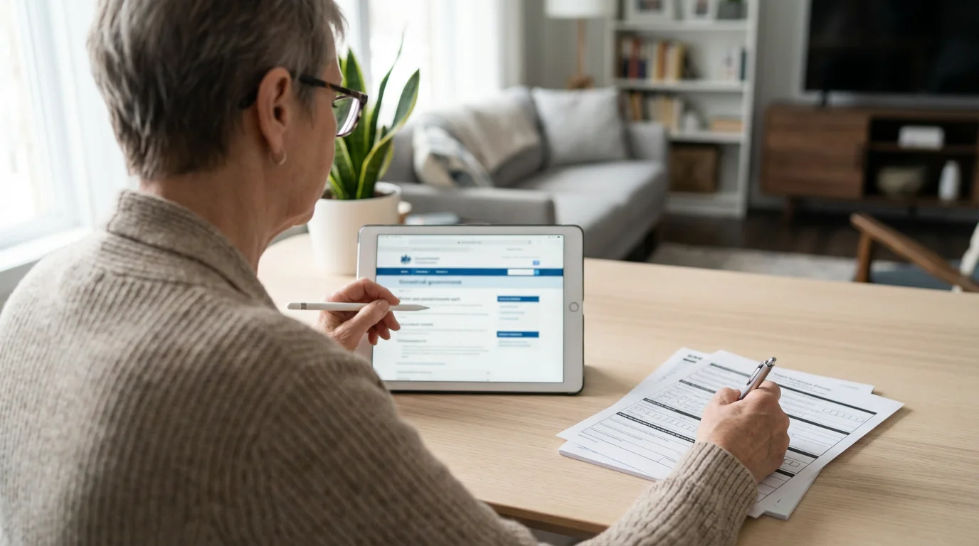 Senior woman at a desk researching property tax relief programs on a tablet.