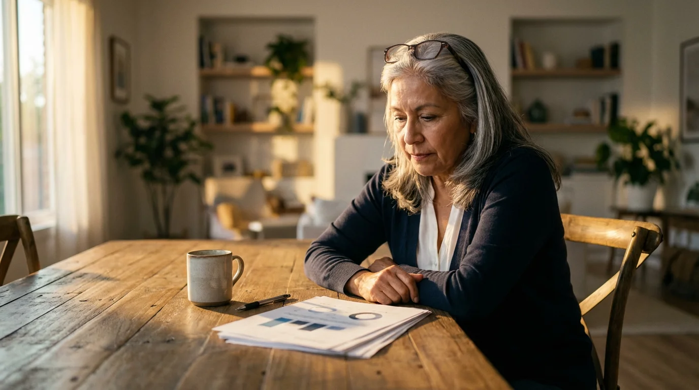 Senior woman at a table thoughtfully reviewing papers during golden hour.
