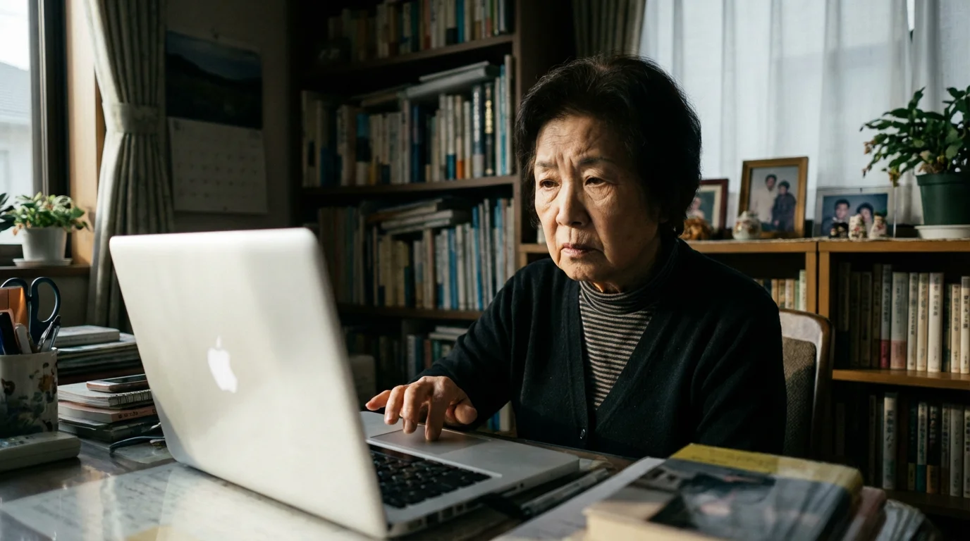Senior woman at her desk cautiously looking at a laptop, wary of potential scams.