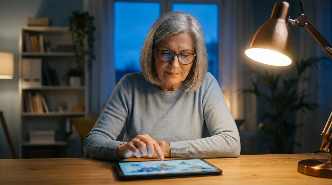 Senior woman at home in the evening using a tablet to search for healthcare.