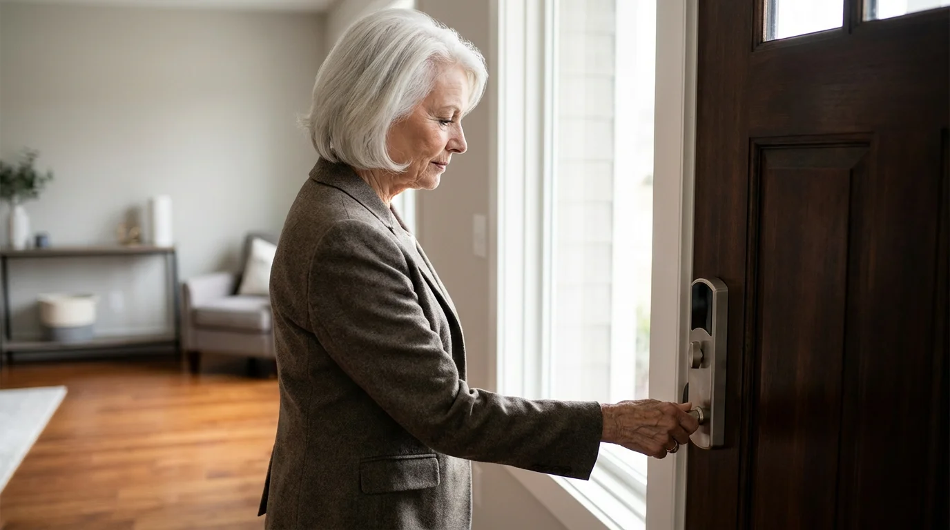 Senior woman carefully checking the deadbolt lock on her home's front door for safety.
