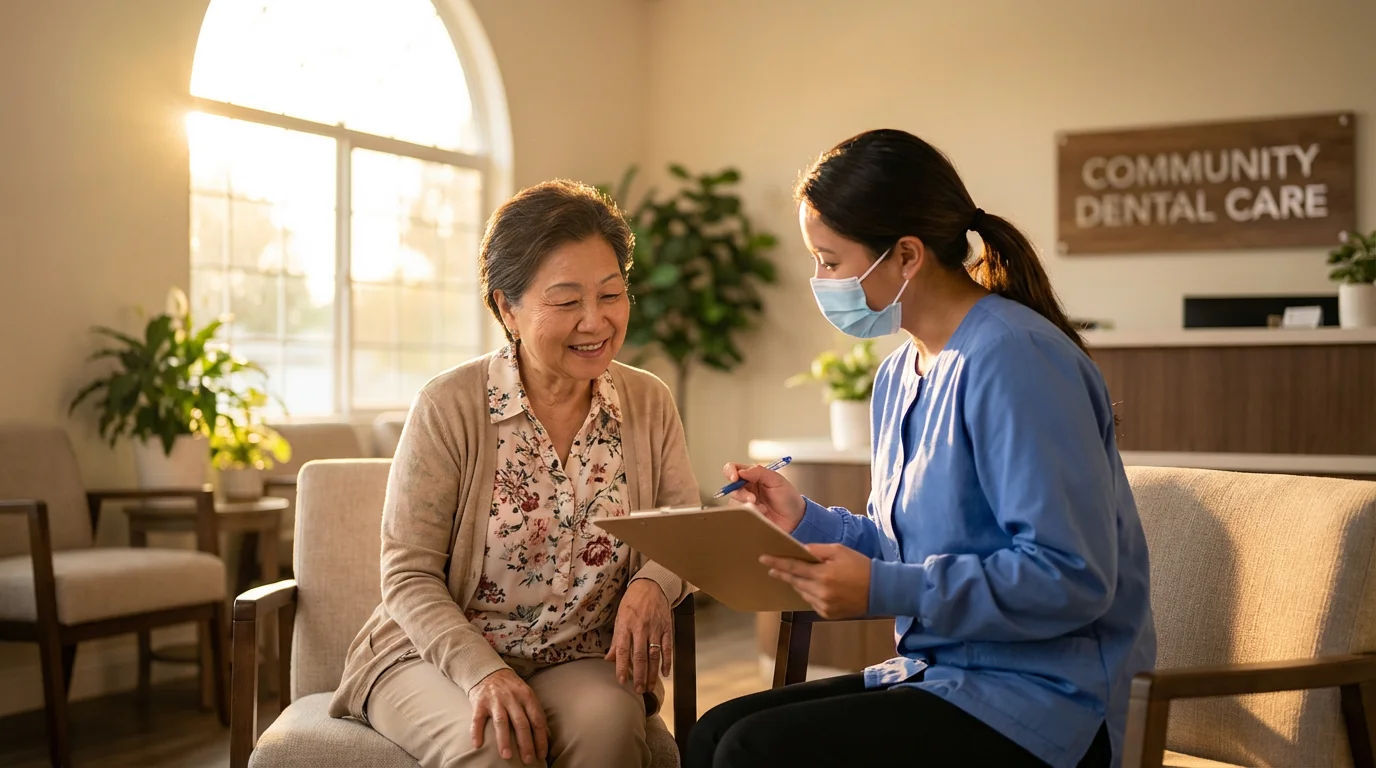 Senior woman discusses affordable dental care options with a clinic worker in sunny room.