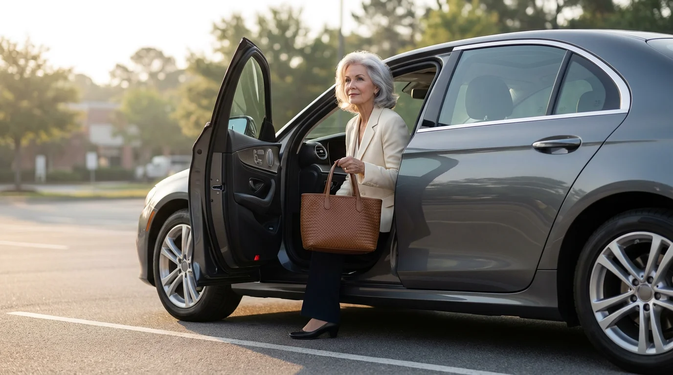 Senior woman getting out of her car in a parking lot on a sunny morning.