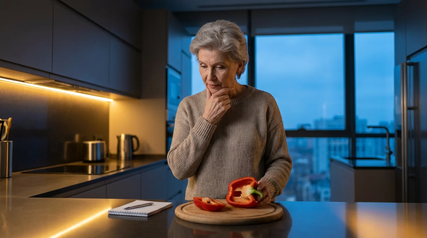 Senior woman in a modern kitchen thoughtfully planning a meal to avoid food waste.