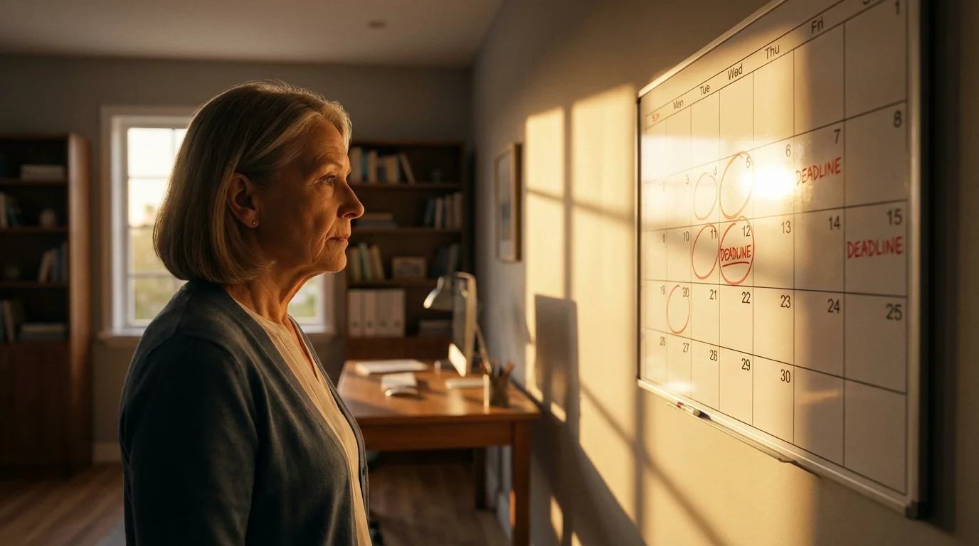 Senior woman in a sunlit home office looking at a large wall calendar.