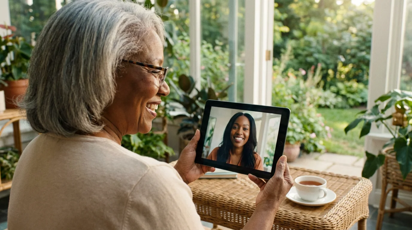 Senior woman in a sunroom using a tablet for a healthcare video call.