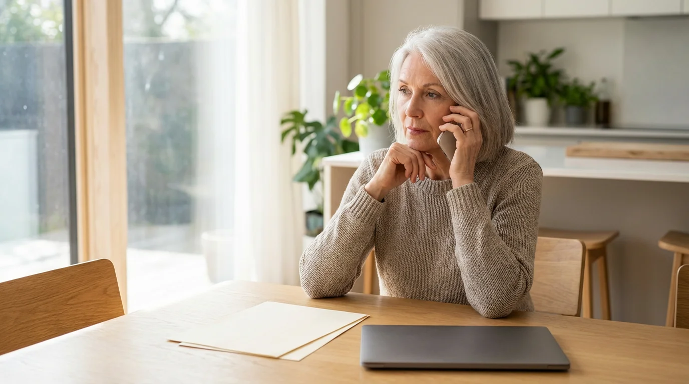 Senior woman on the phone at a table, reviewing her options for Medicare enrollment.
