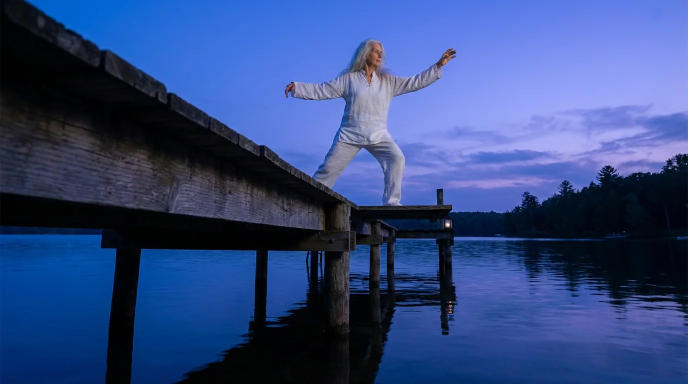 Senior woman practicing low-impact Tai Chi exercise on a pier during a peaceful blue hour.