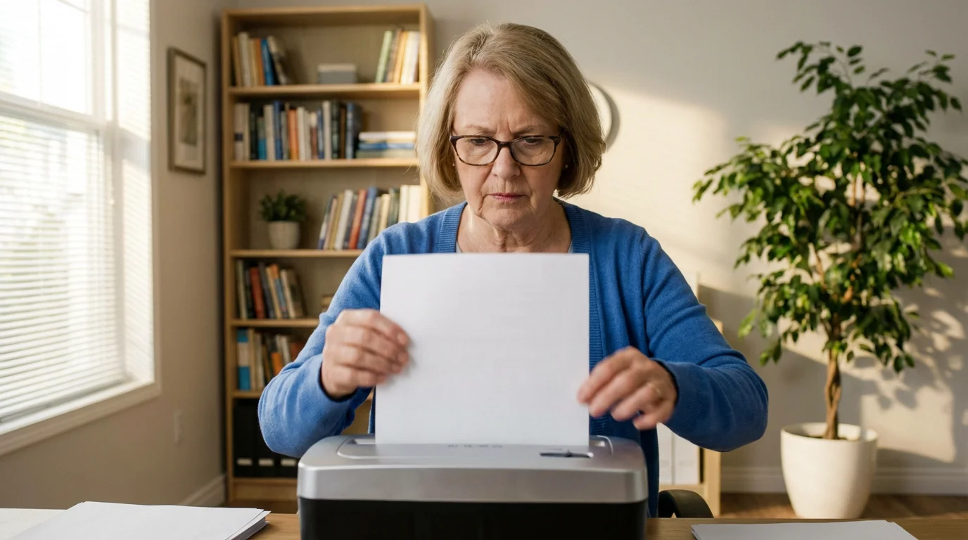 Senior woman proactively shredding documents in her sunlit home office to prevent fraud.