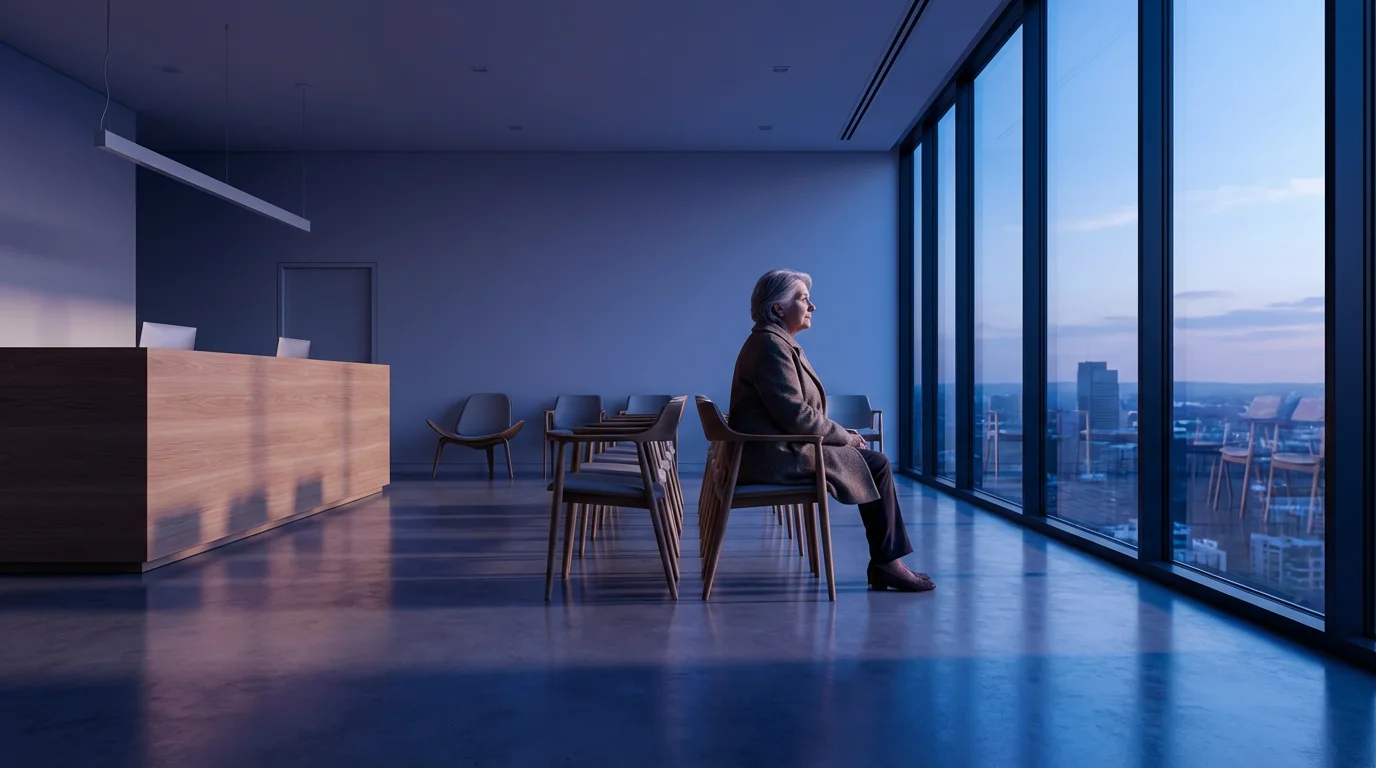 Senior woman sits alone in a modern eye clinic waiting room at twilight.